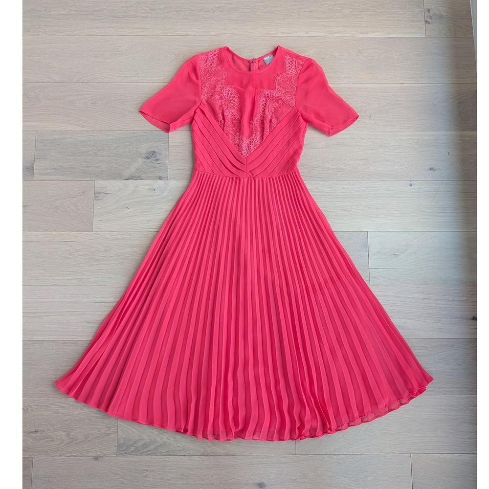 Asos Women's Coral Pleated Lace Bodice Short Sleeve Midi Dress Us 2 - Picture 3 of 12